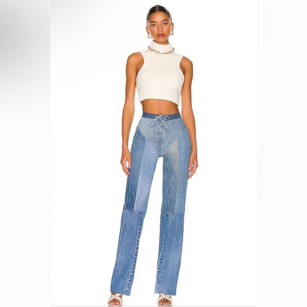EB Denim Lace up jeans blue patchwork straight leg flares Revolve Sz 2 / S $385 - Picture 4 of 15
